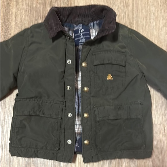 GAP Kids Olive Green Waxed Utility Jacket Brown Corduroy Collar Blue Flannel - Picture 1 of 6